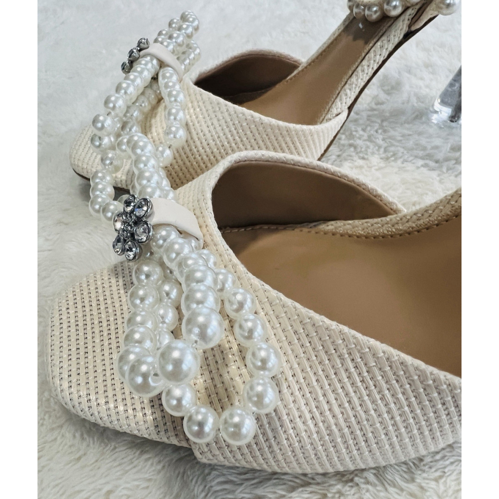 Gianni Bini Bridal Collection Sz 9 Cream Haydn Satin Pearl Bow Dress Sandals NWT - Picture 2 of 16